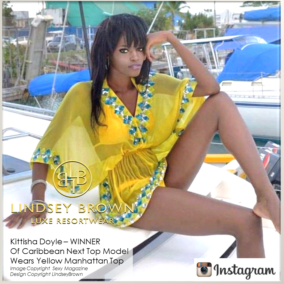 Kittisha Doyle wearing Yellow silk Manhattan top by Lindsey Brown resort wear