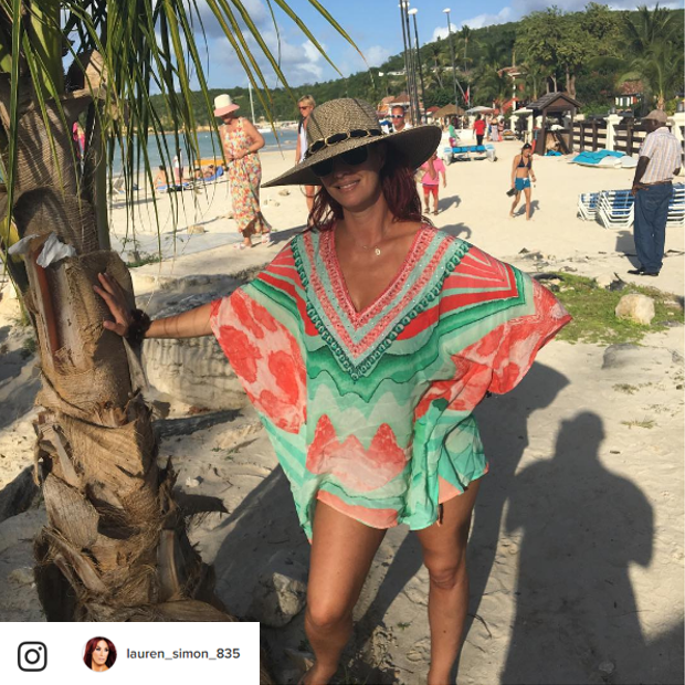 Lauren Simon RHOC wearing Lindsey Brown designer Sorrento kaftan on holiday