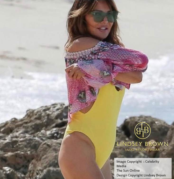 Lizzie Cundy wearing Lindsey Brown top Crete