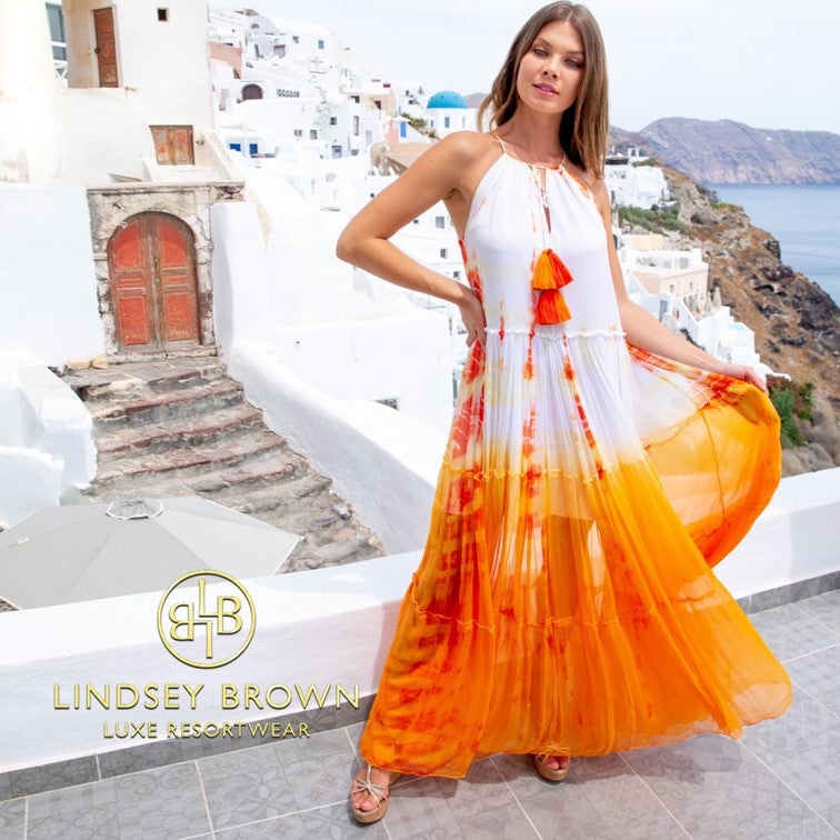 Orange Designer holiday dresses by Lindsey Brown resort wear