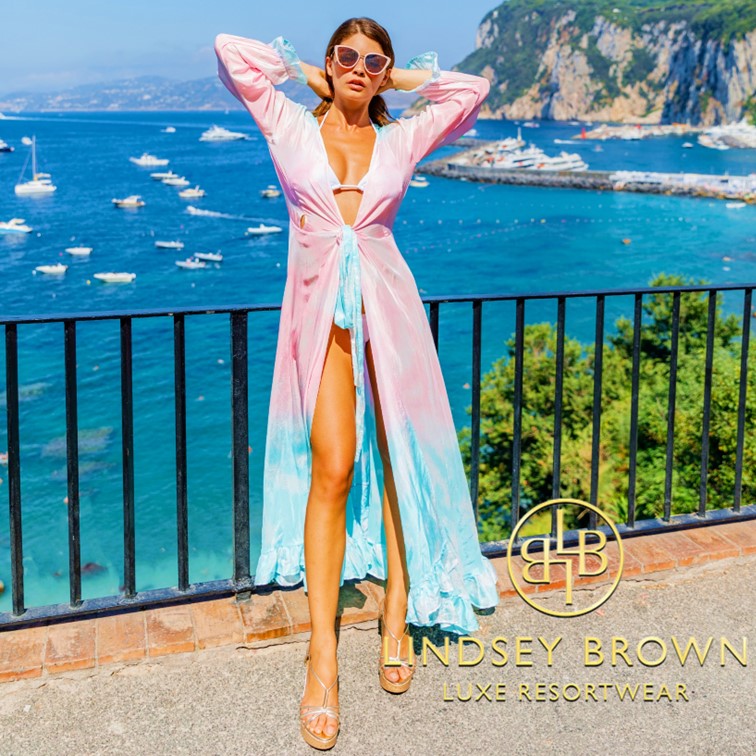 Pink blue ombre silk maxi kaftan wrap dress by Lindsey Brown resort wear