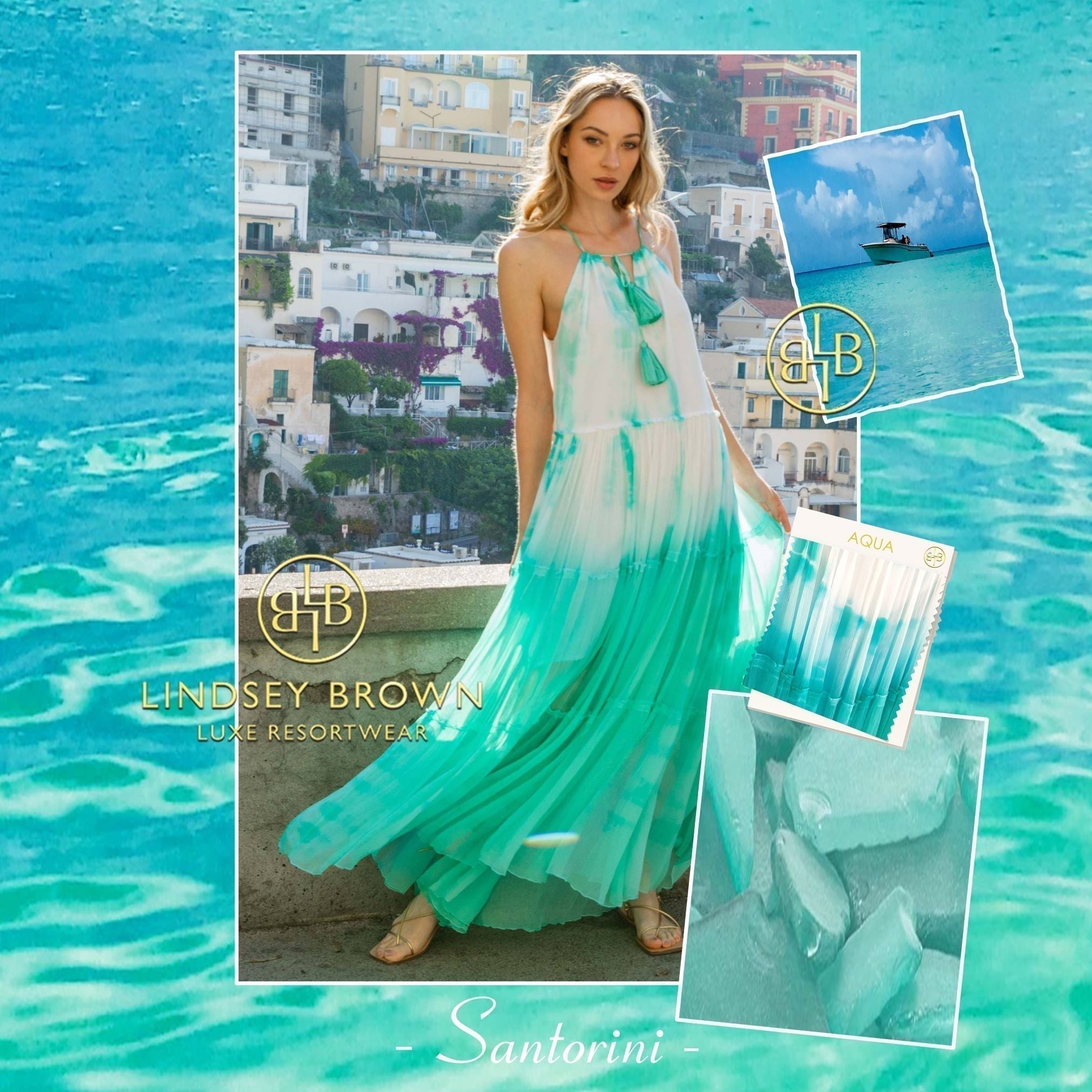 Aqua silk maxi dresses to wear on holiday by Lindsey Brown resort wear 