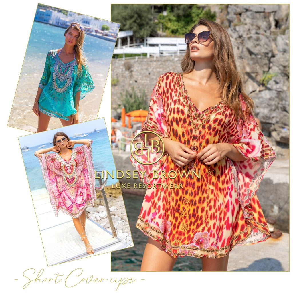 Short Silk cover ups for the beach by Lindsey Brown designer resort wear 