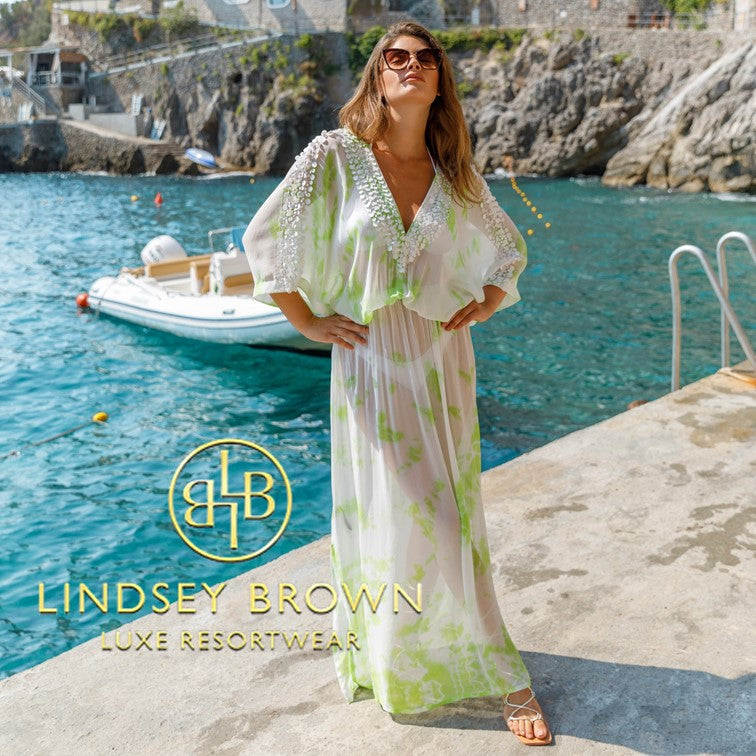 Silk Maxi Kaftan in white with lime by Lindsey Brown resort wear 