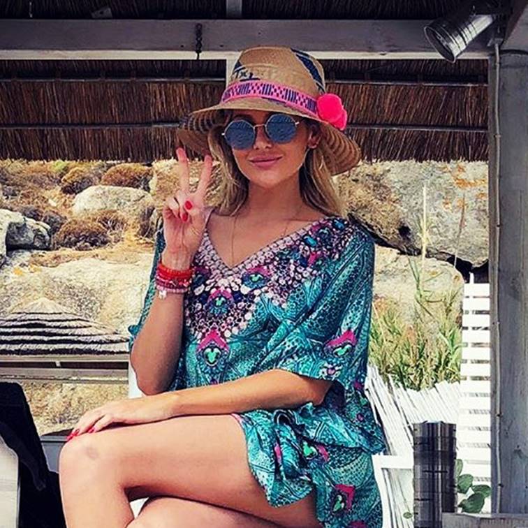 Stephanie Pratt wears Lindsey Brown Crete Designer Kaftan in Mykonos 