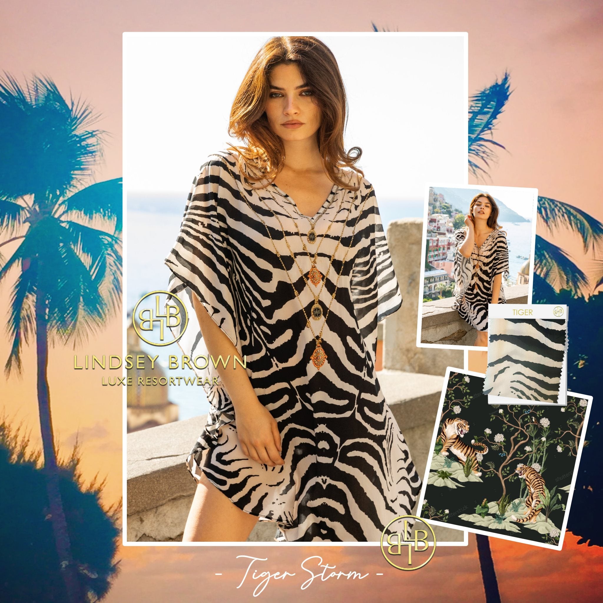Tiger print silk beach cover ups and silk designer cover ups to wear to the beach by Lindsey Brown resort wear 