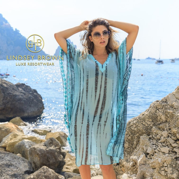 Silk designer kaftans to wear on holiday by Lindsey Brown resort wear 