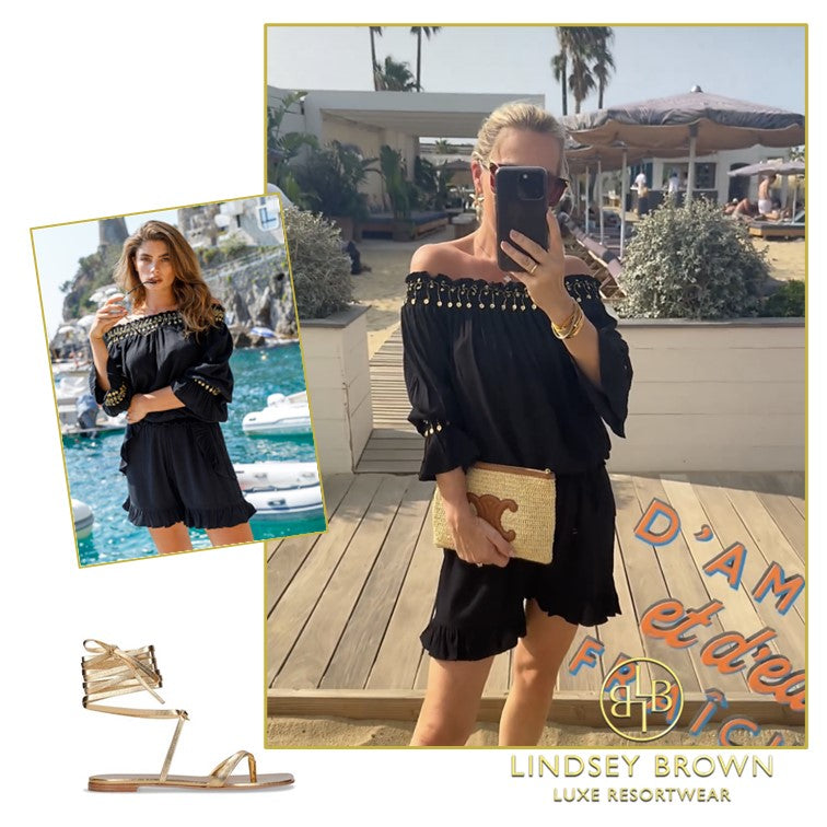 Black Bardot holiday tops by Lindsey Brown resort wear worn by Andrea StyleIconAndMore