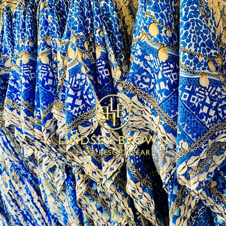 Blue white floaty silk designer kaftans called Rhodes to wear on holiday, seen on the lovely @SeenOnSarah who posted a photo on Instagram wearing her Lindsey Brown resort wear silk kaftan on holiday in Corfu.