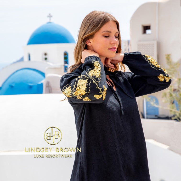 black and gold designer blouses to  wear daytime by lindsey brown resort wear 