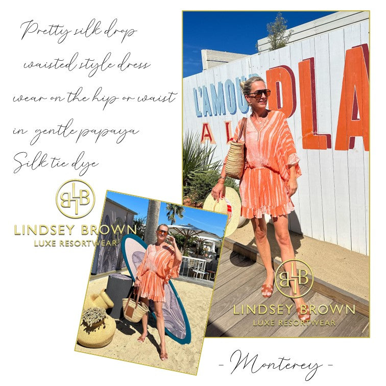 orange silk drop waist silk kaftan dress by lindsey brown luxury resort wear 