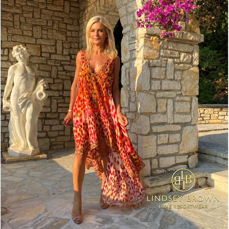 Seen on Sarah wears luxury resort wear red silk maxi dress on holiday by Lindsey Brown