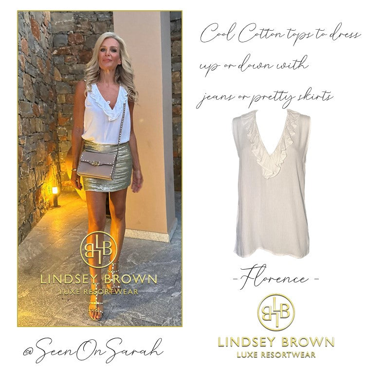 white cool cotton holiday tops worn by SeenOnSarah wearing lindsey brown cotton resort wear 