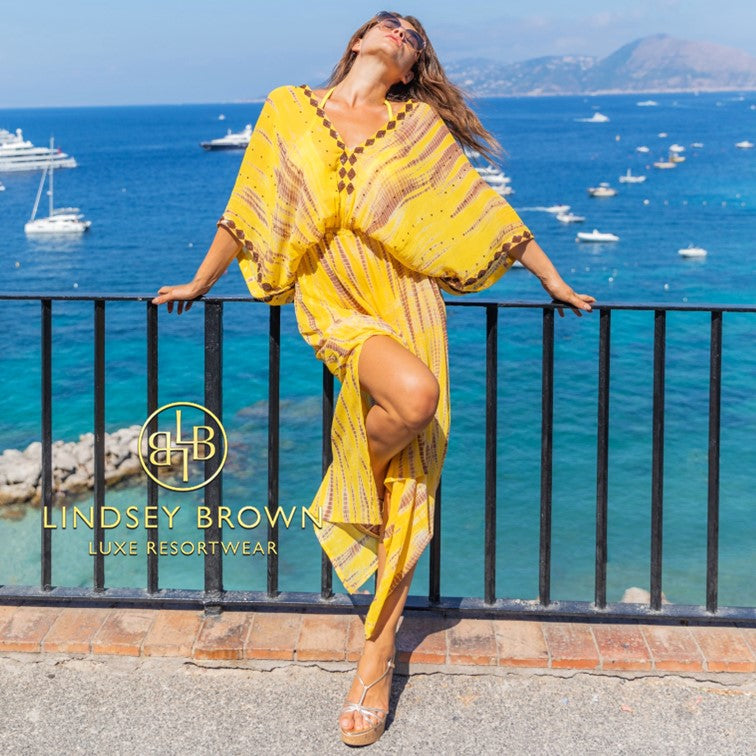 Luxury silk sophisticated cruise wear kaftans and designer silk kaftans by Lindsey brown resort wear
