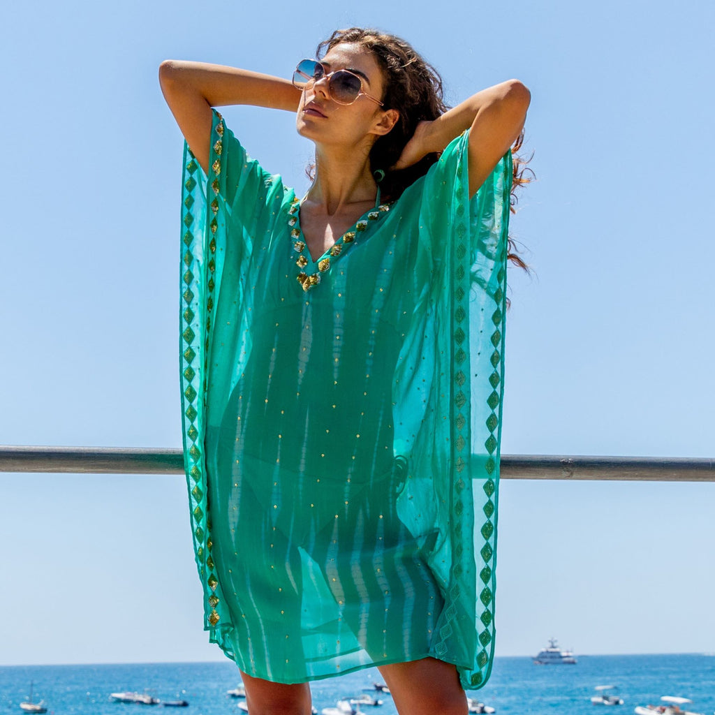 Silk tie dye designer kaftans to wear on holiday by lindsey brown luxury resort wear