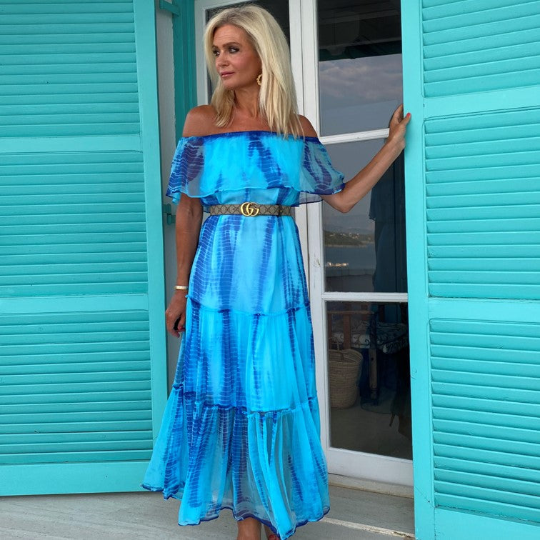 Seen on Sarah, Turquoise silk maxi dresses worn by Sarah Boyce by lindsey brown luxury resort wear 