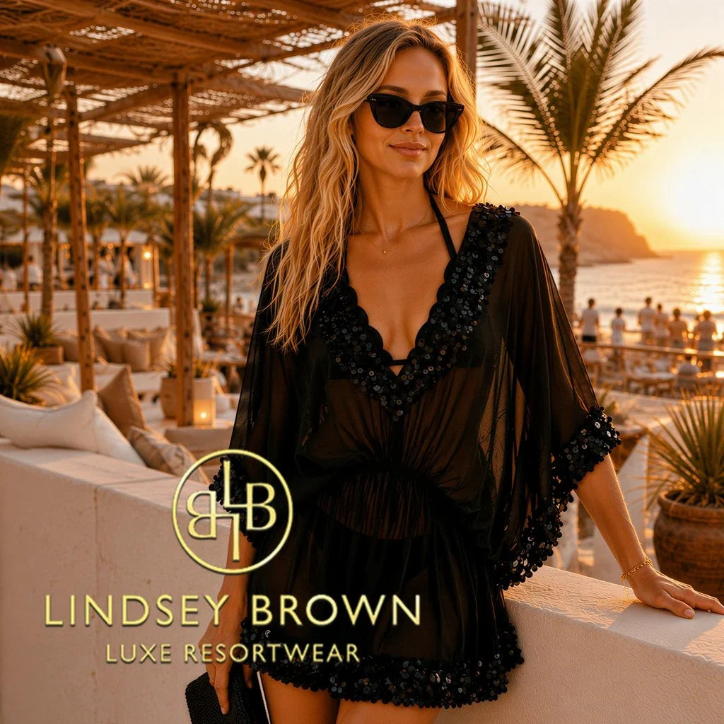 Branded collection image for Lindsey Brown luxury black silk kaftans, featuring hand-finished sequin details, floaty and elegant  to take you from daytime to evening cocktails at a luxury resort.