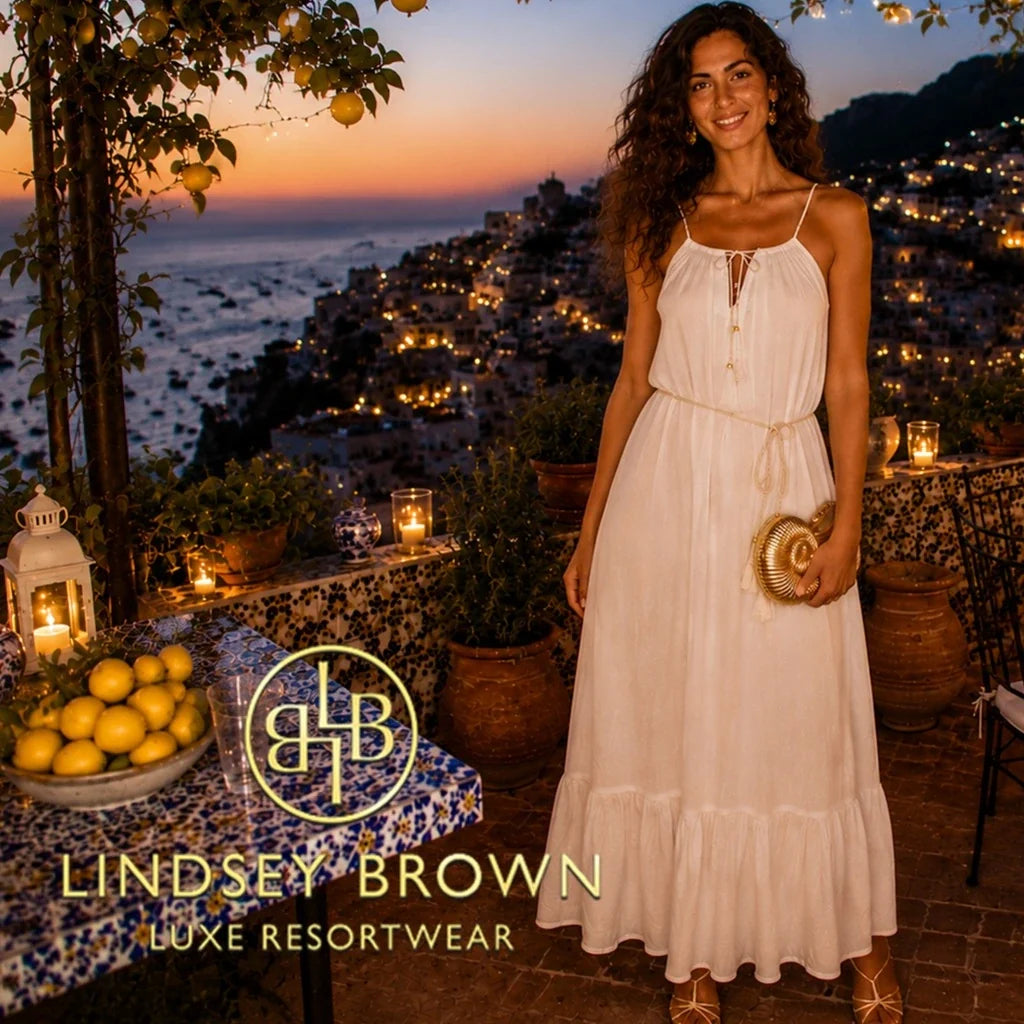 Branded square collection image for Lindsey Brown white silk cotton designer beach dresses for cruise holidays