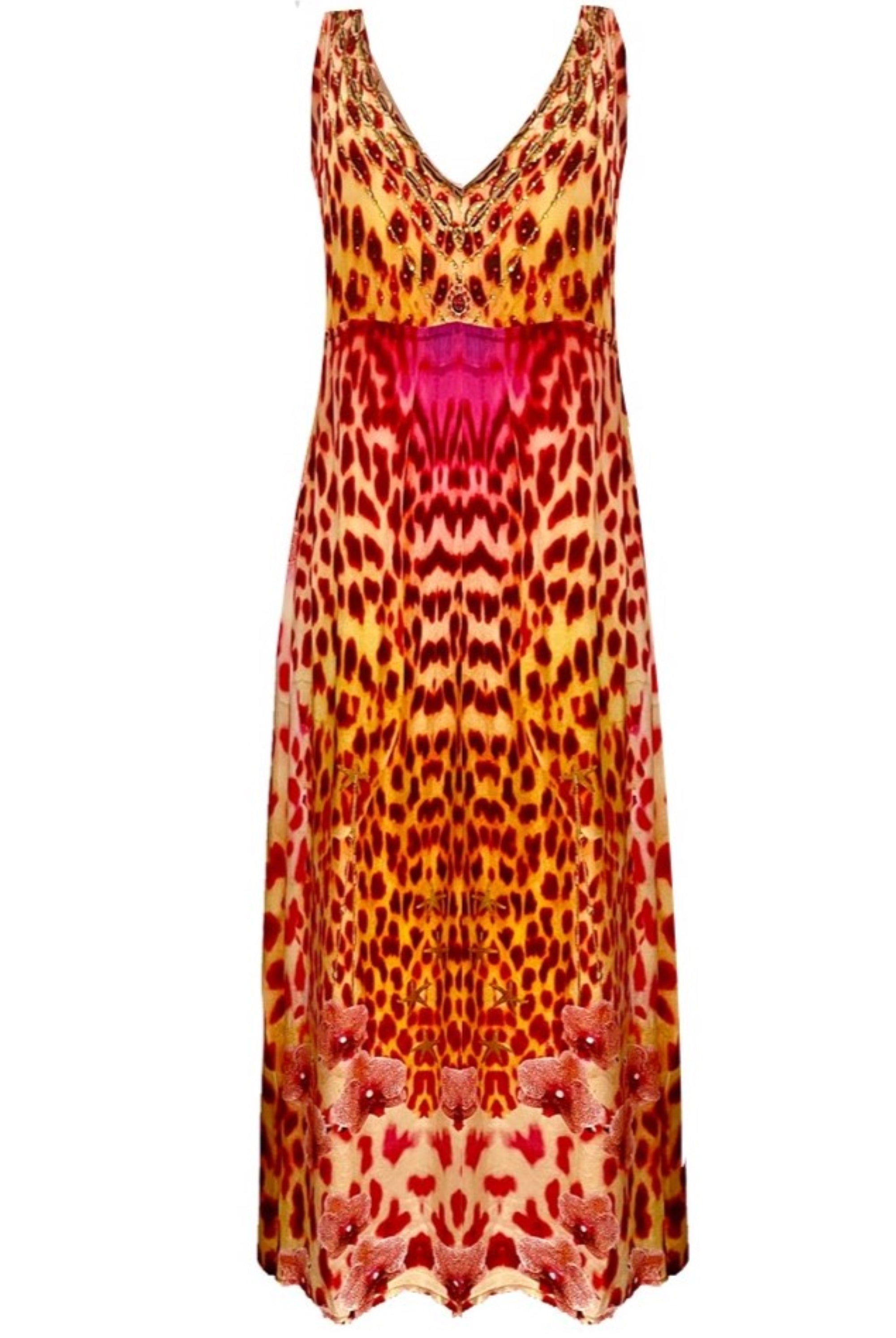 Animal print silk printed maxi dress to wear on holiday by Lindsey Brown resort wear 