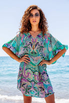 Plus Size Aqua Drop Waist silk designer Beach Dress in aqua and black silk crepe is a stunning new printed silk beach dress by luxury resort wear Lindsey Brown, such a flattering style