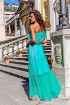 Aqua green silk maxi dresses to wear on holiday by Lindsey Brown resort wear