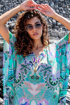 Aqua printed silk beach cover up by Lindsey Brown resort wear 