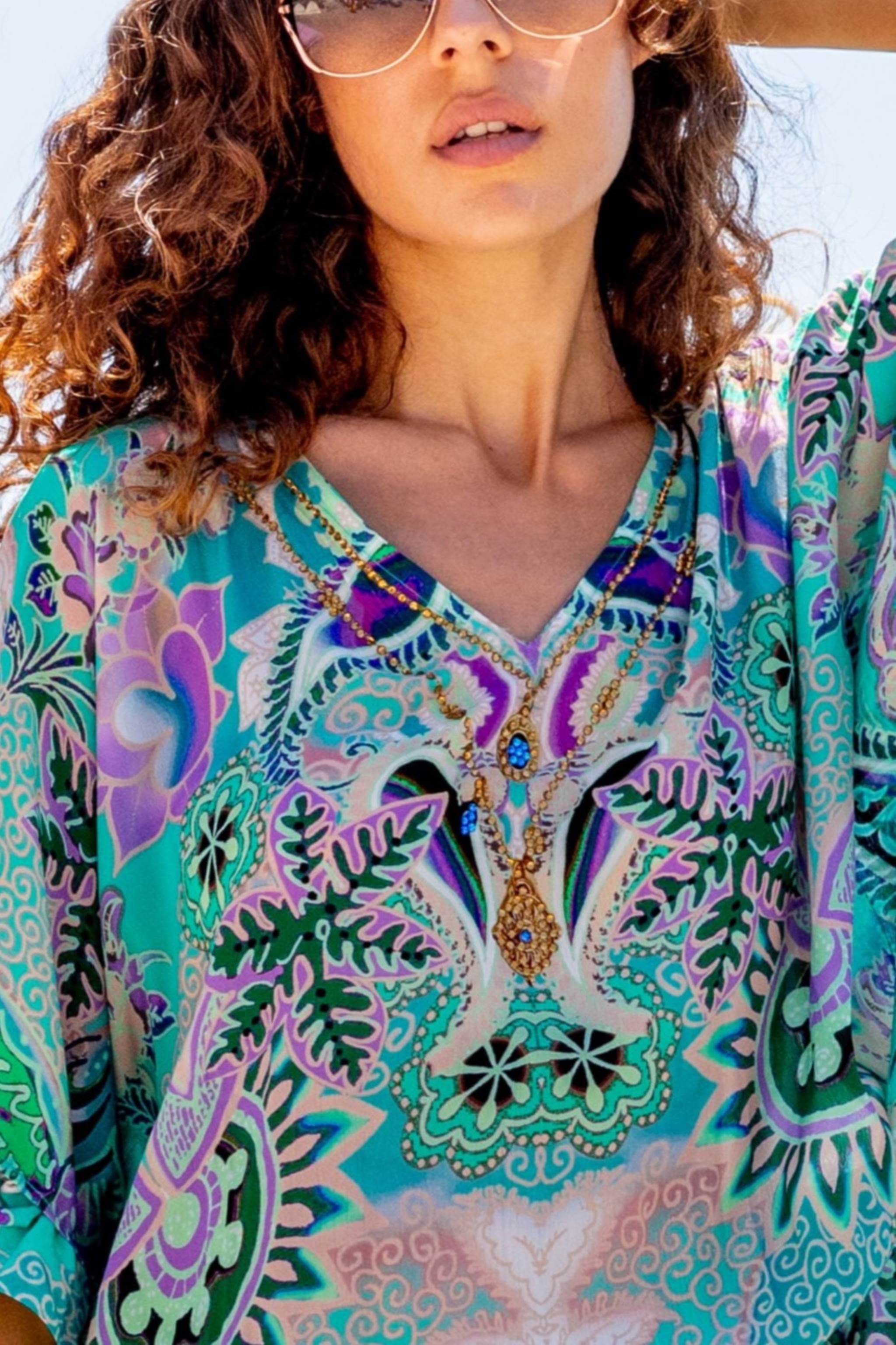Aqua silk drop waisted beach cover-ups by Lindsey Brown