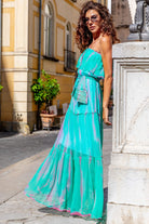 Aqua bardot silk maxi dress to wear on andoff the shoulder or on the shoulder and also belted or loose by Lindsey Brown resort wear
