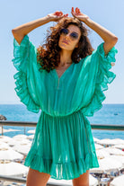 Plus Size Aqua bloused silk tie dye designer kaftan beach dress, in a drop waisted silk kaftan, with a pretty ruffled hemline, decorated by hand with gold beads by Lindsey Brown.