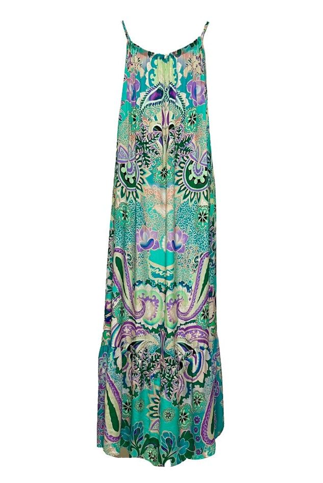 Aqua floaty silk midi maxi dress to wear on holiday by Lindsey Brown silk resort wear 