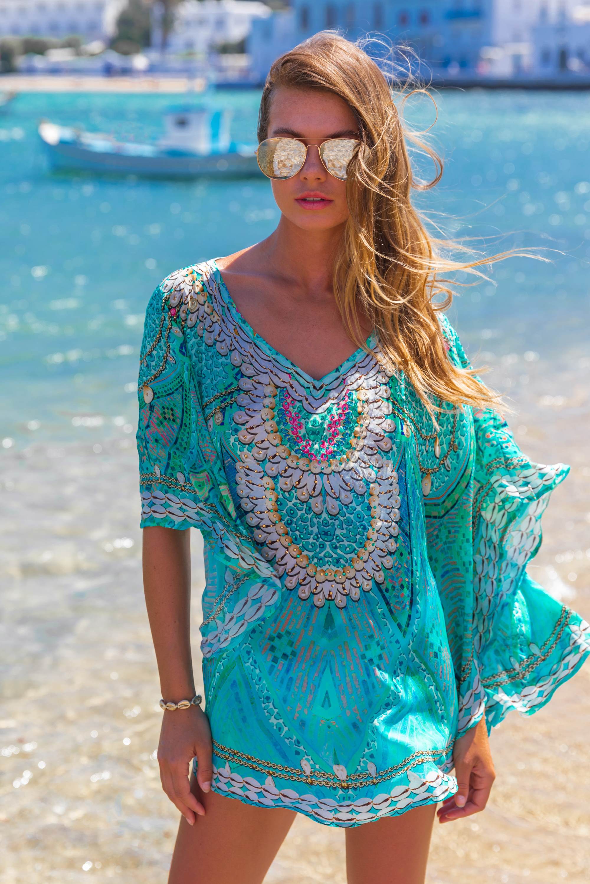 Aqua short petite sparkly silk designer beach kaftan, is a fabulous short floaty coverup by Lindsey Brown resort wear, perfect for petite frames to wear as beachwear