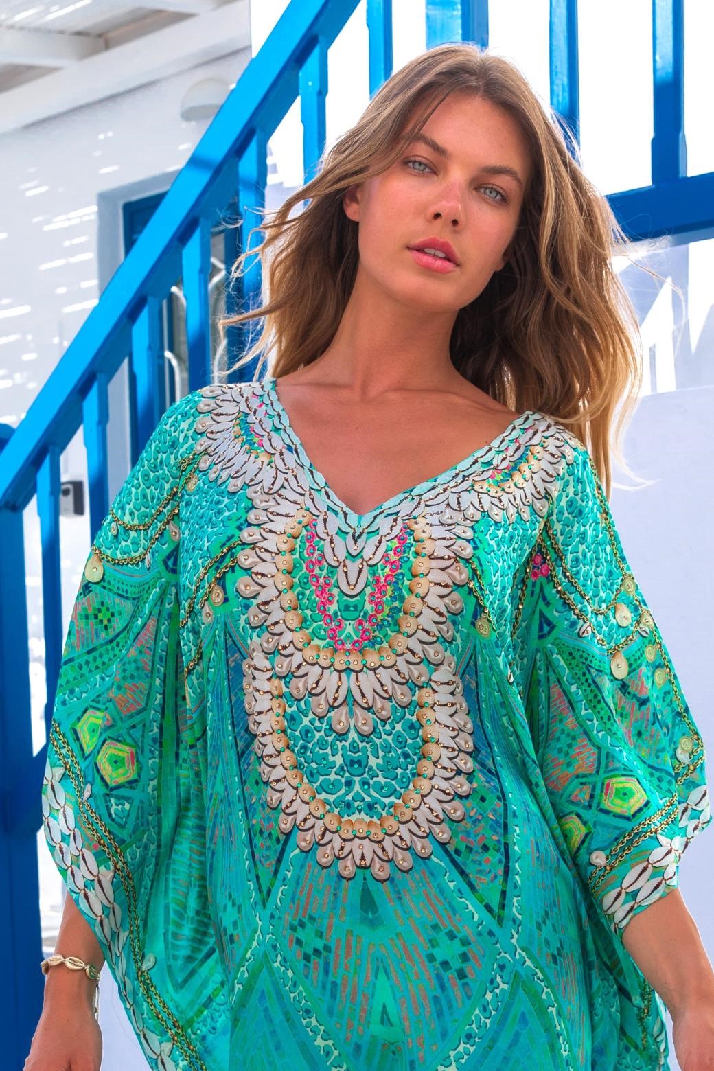 Aqua silk floaty designer kaftan to wear on holiday by Lindsey Brown resort wear 
