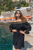 Black and gold soft cotton off the shoulder holiday dress by Lindsey Brown resort wear