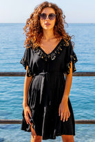 Black and gold v neck beach dress in soft crinkle cotton by Lindsey Brown 