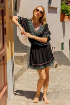 Black cotton drop waisted blouson black beach dress by Lindsey Brown resort wear 
