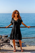 Black and gold v neck beach dress in soft crinkle black cotton by Lindsey Brown 