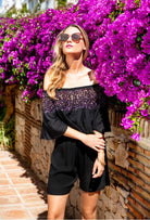 Black beaded designer bardot holiday top by Lindsey brown luxury cotton resort wear 
