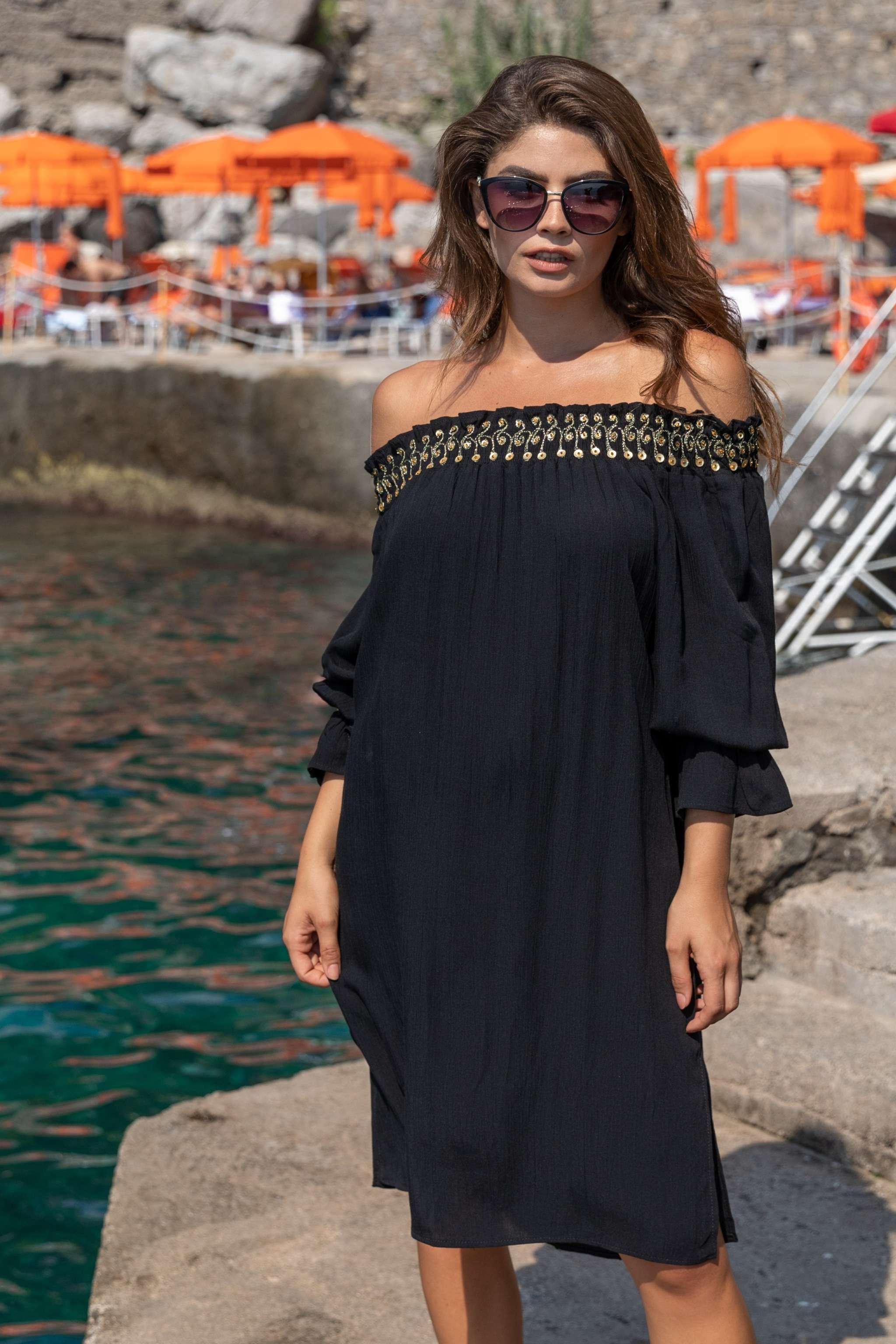 Black gold soft cotton off the shoulder holiday dresses by Lindsey Brown resort wear 