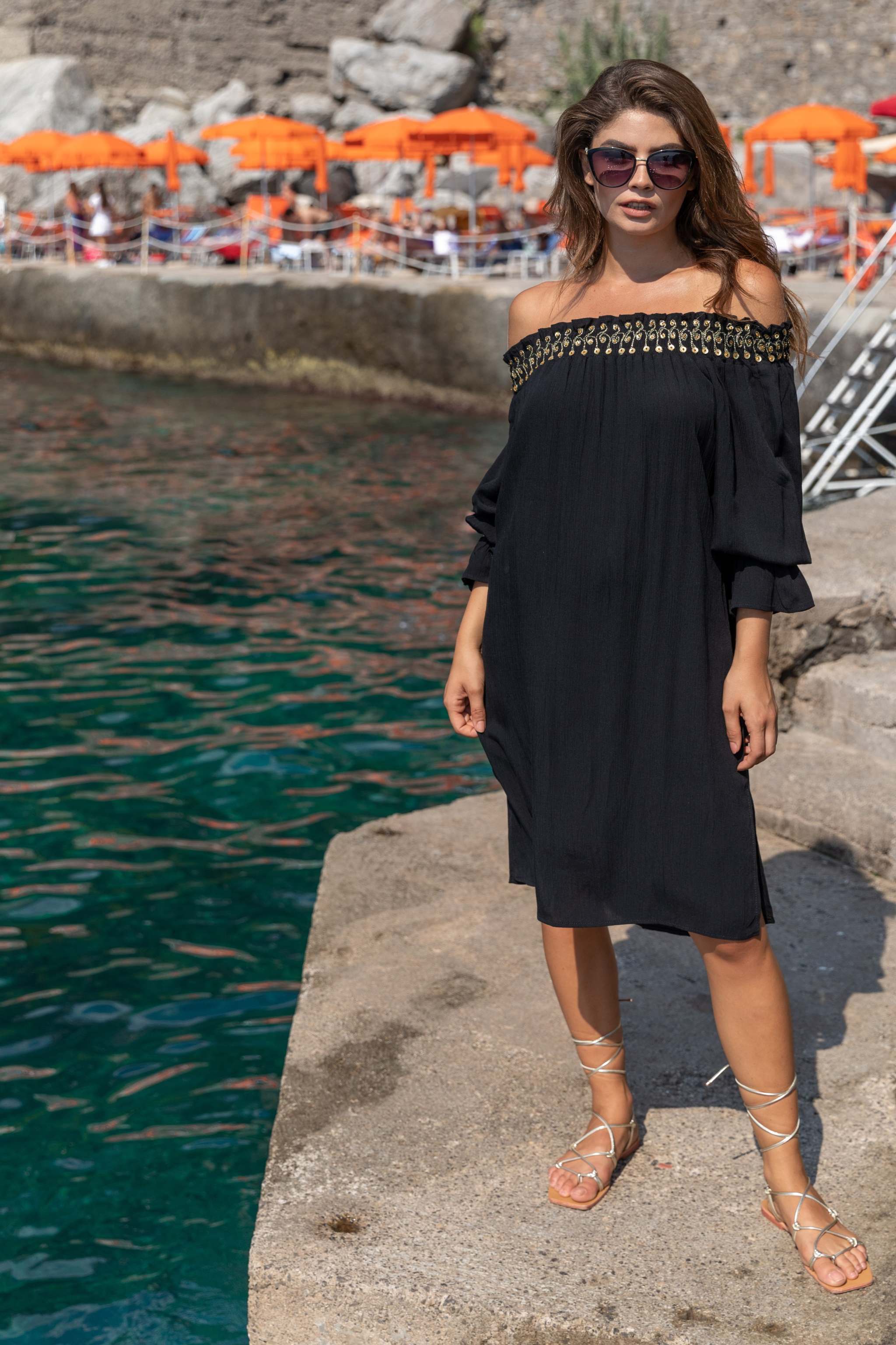 Black soft cotton off the shoulder dresses by Lindsey Brown resort wear 