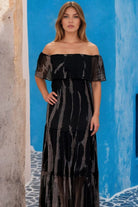 Black off the shoulder silk maxi dresses by Lindsey Brown silk resort wear 