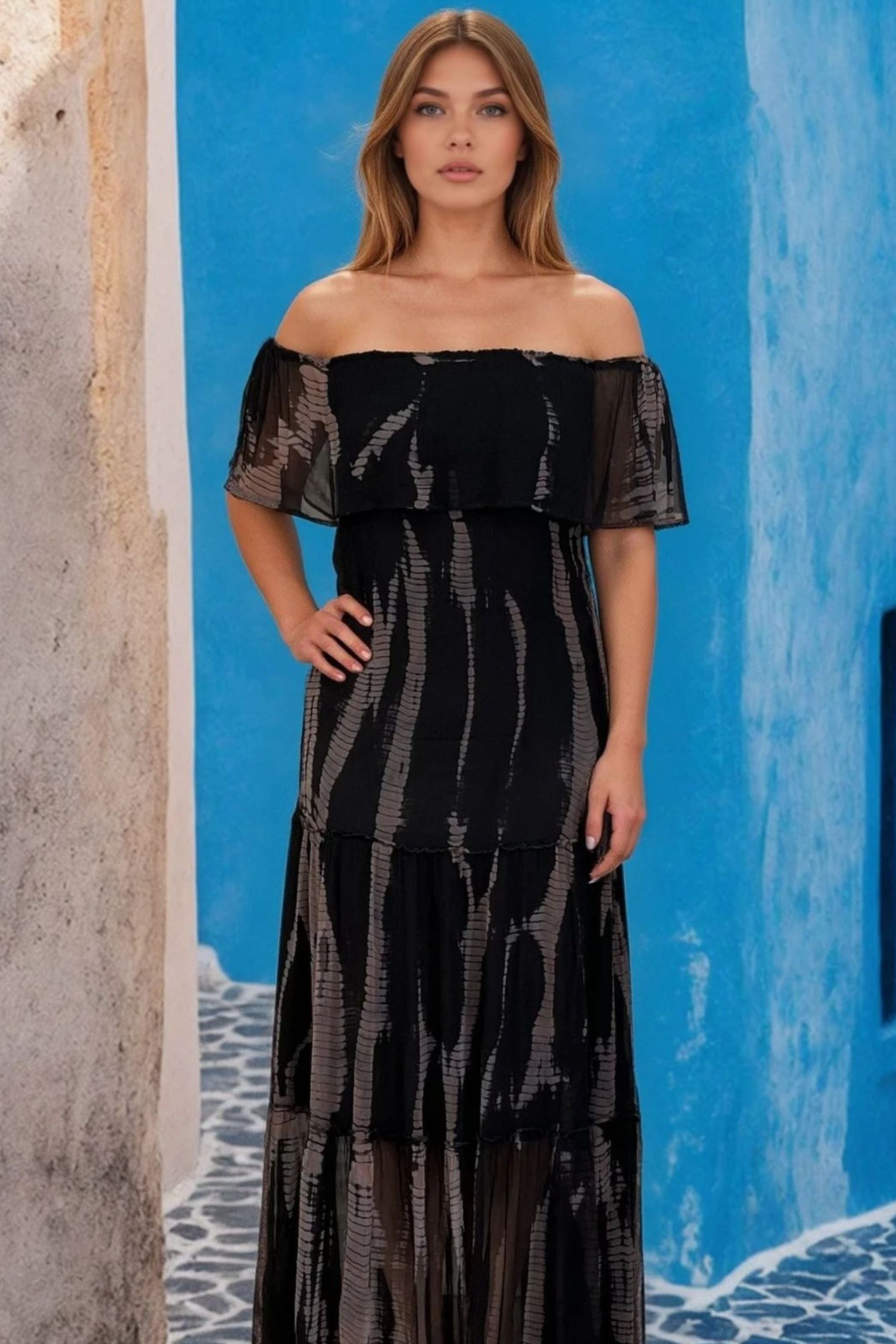 Black off the shoulder silk maxi dresses by Lindsey Brown silk resort wear 