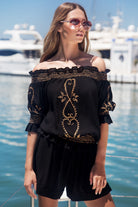 black off the shoulder top to wear on holiday by Lindsey Brown cotton resort wear 