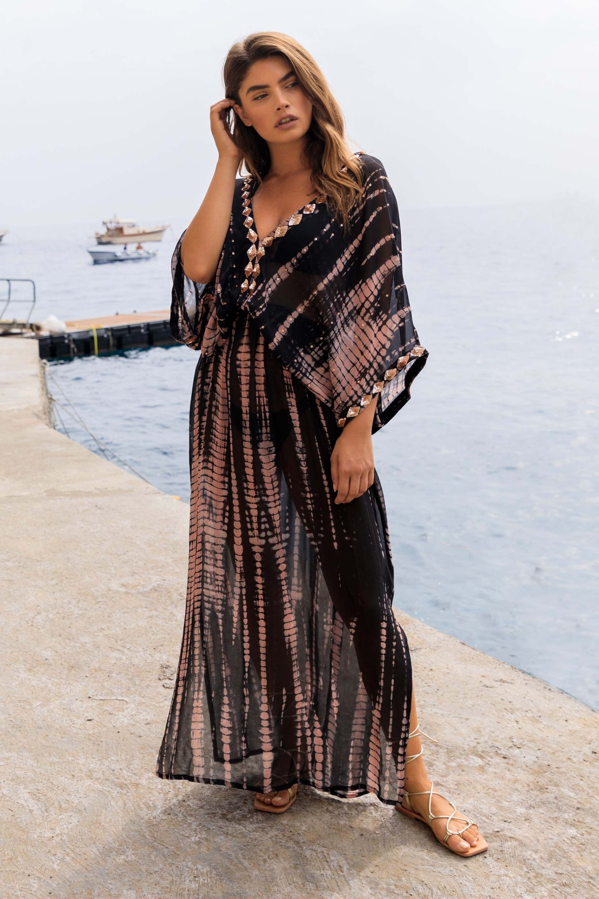 Black silk designer kaftan maxi dress  by Lindsey Brown luxury resort wear 