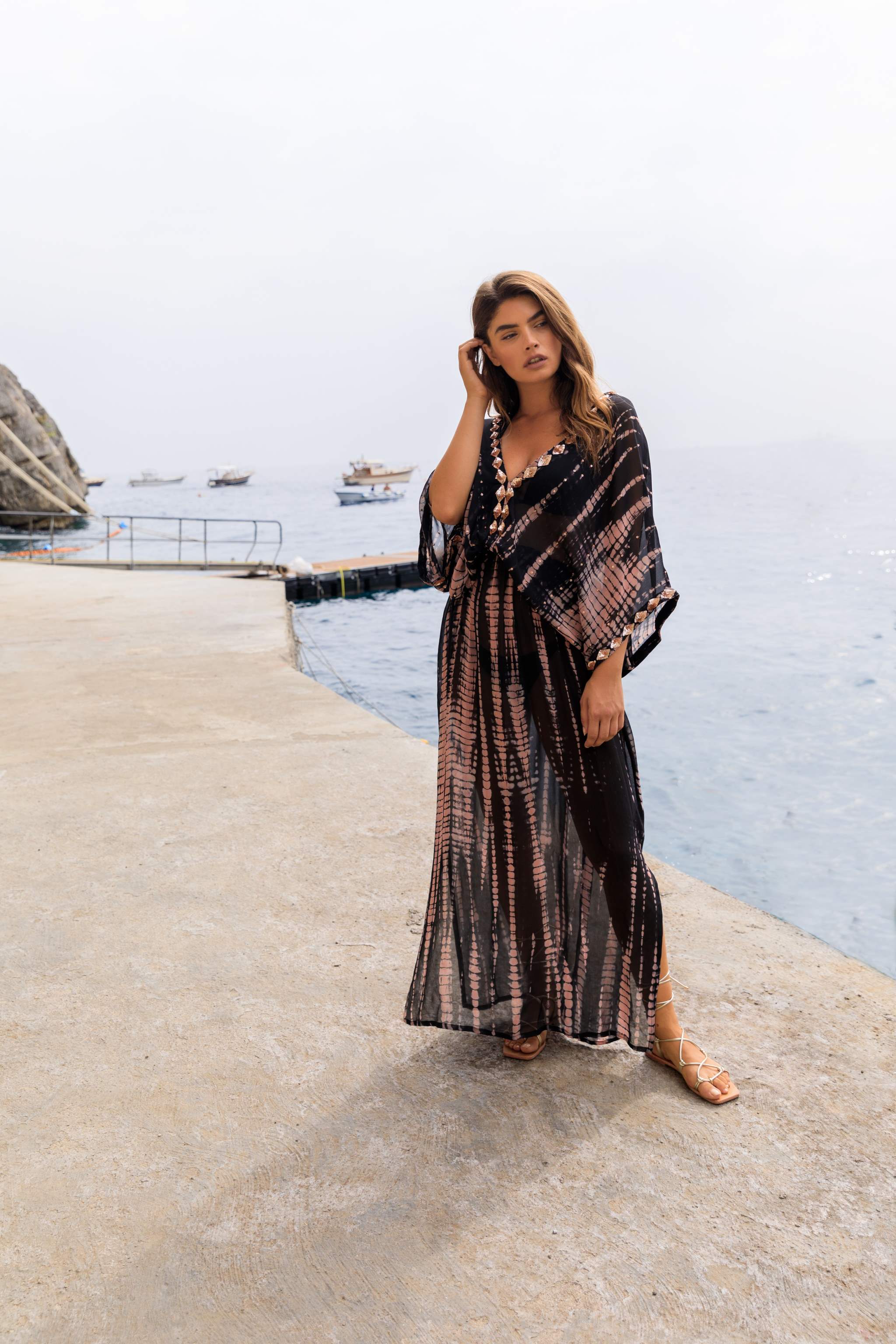 Black stunning silk kaftan maxi dress  to wear over swimwear on  luxury holiday by Lindsey Brown