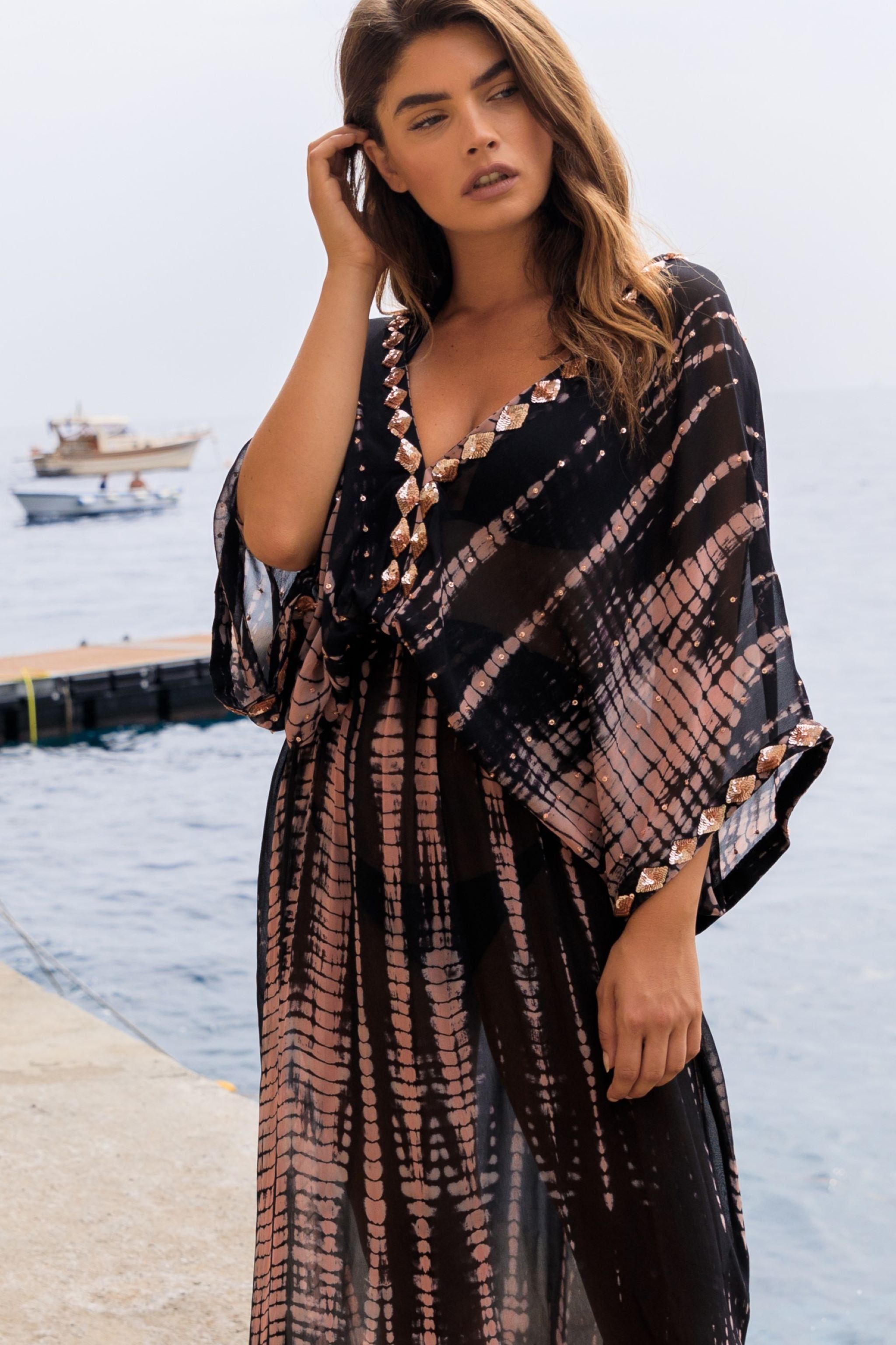 Black silk kaftan maxi dress  by Lindsey Brown luxury silk resort wear 