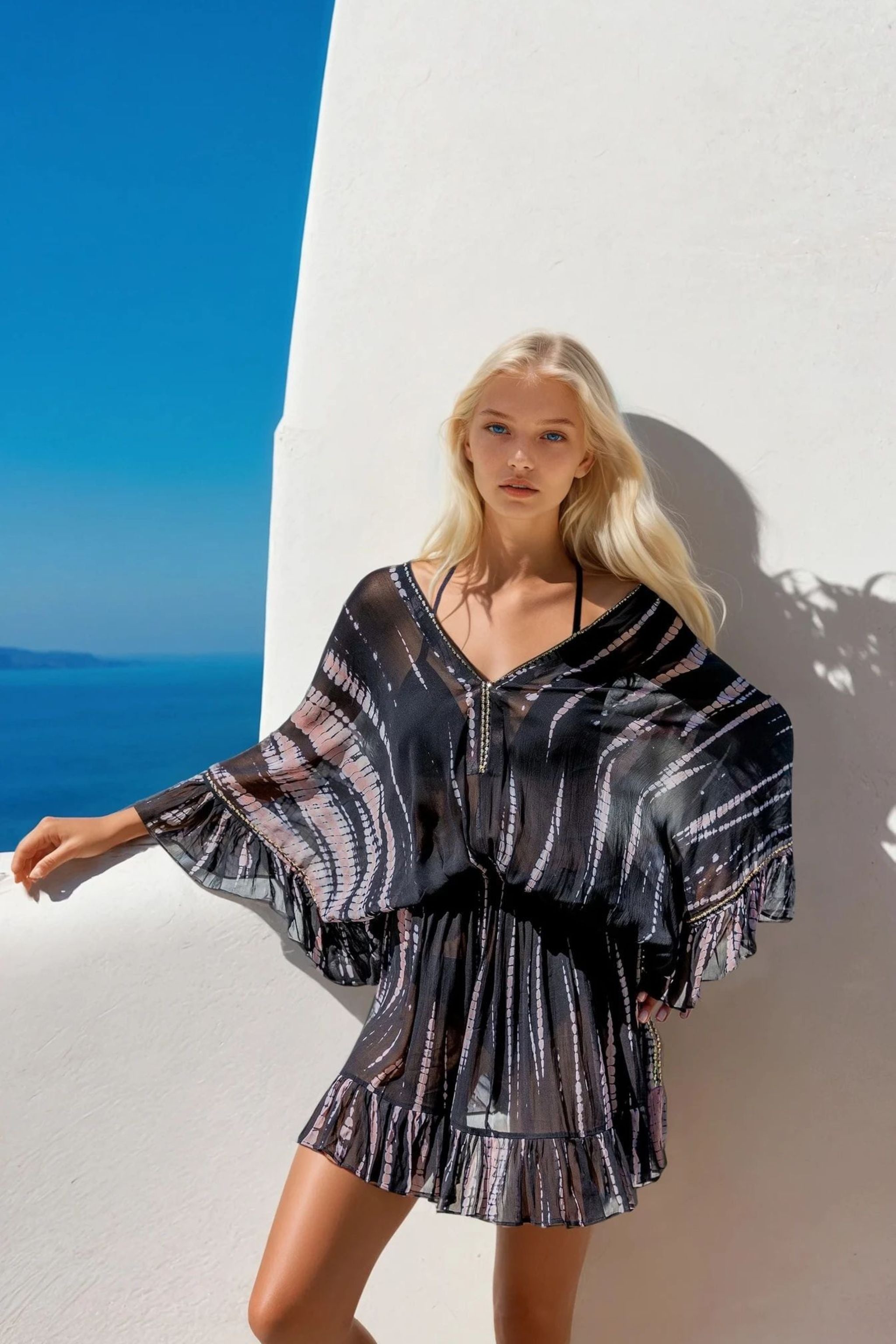 Black tie dye silk kaftan dresses by Lindsey Brown resort wear