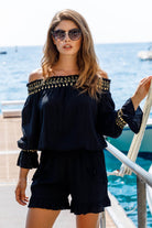 Black and gold cotton off the shoulder top by Lindsey Brown resort wear 