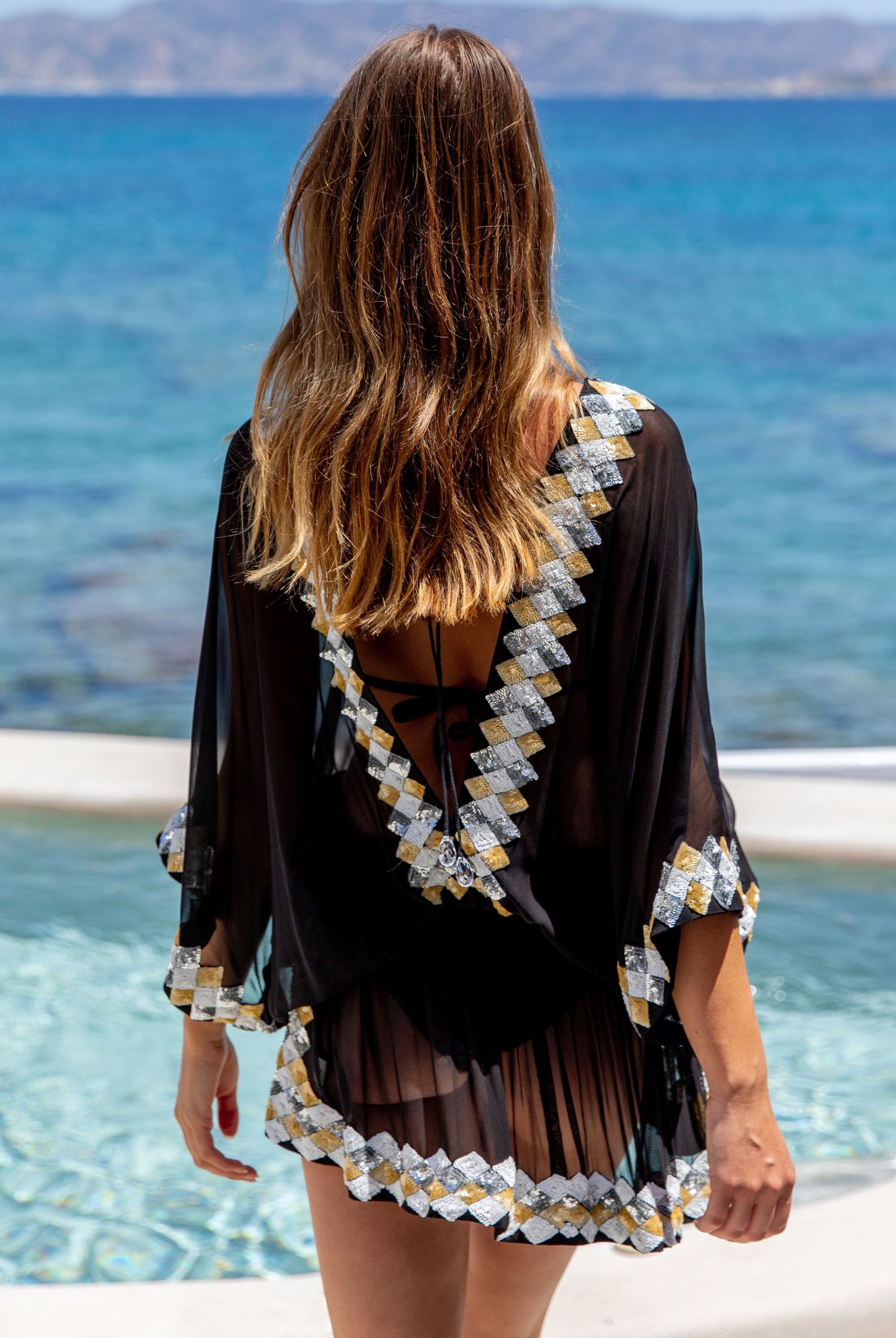 Black short silk resort wear kaftans to on holiday, orginal designs by Lindsey Brown resort wear 
