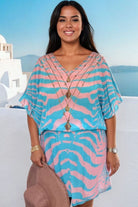 Blue and Pink silk beach coverup by Lindsey Brown luxury resort wear