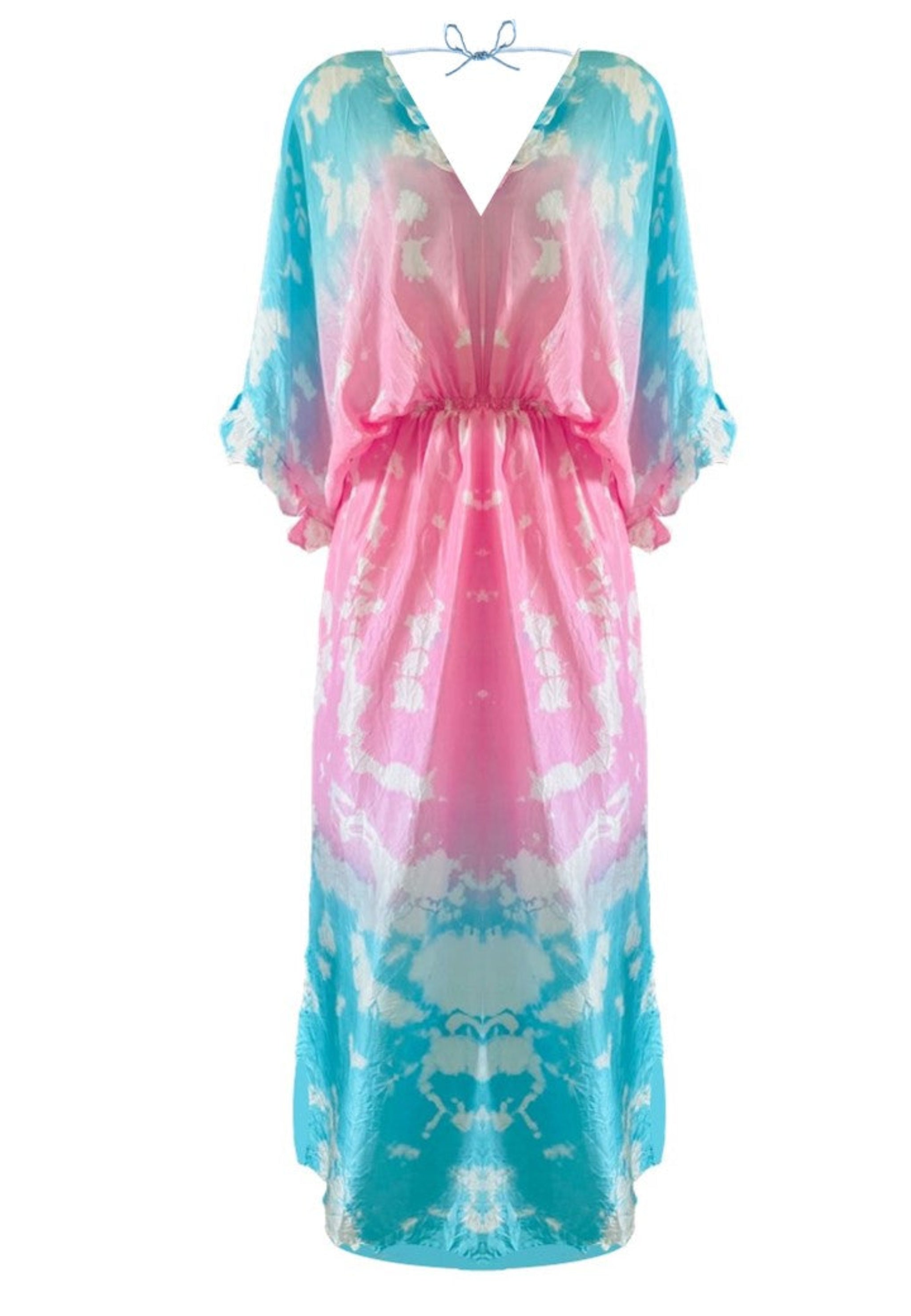Blue pink silk tie dye maxi kaftan by Lindsey Brown resort wear 